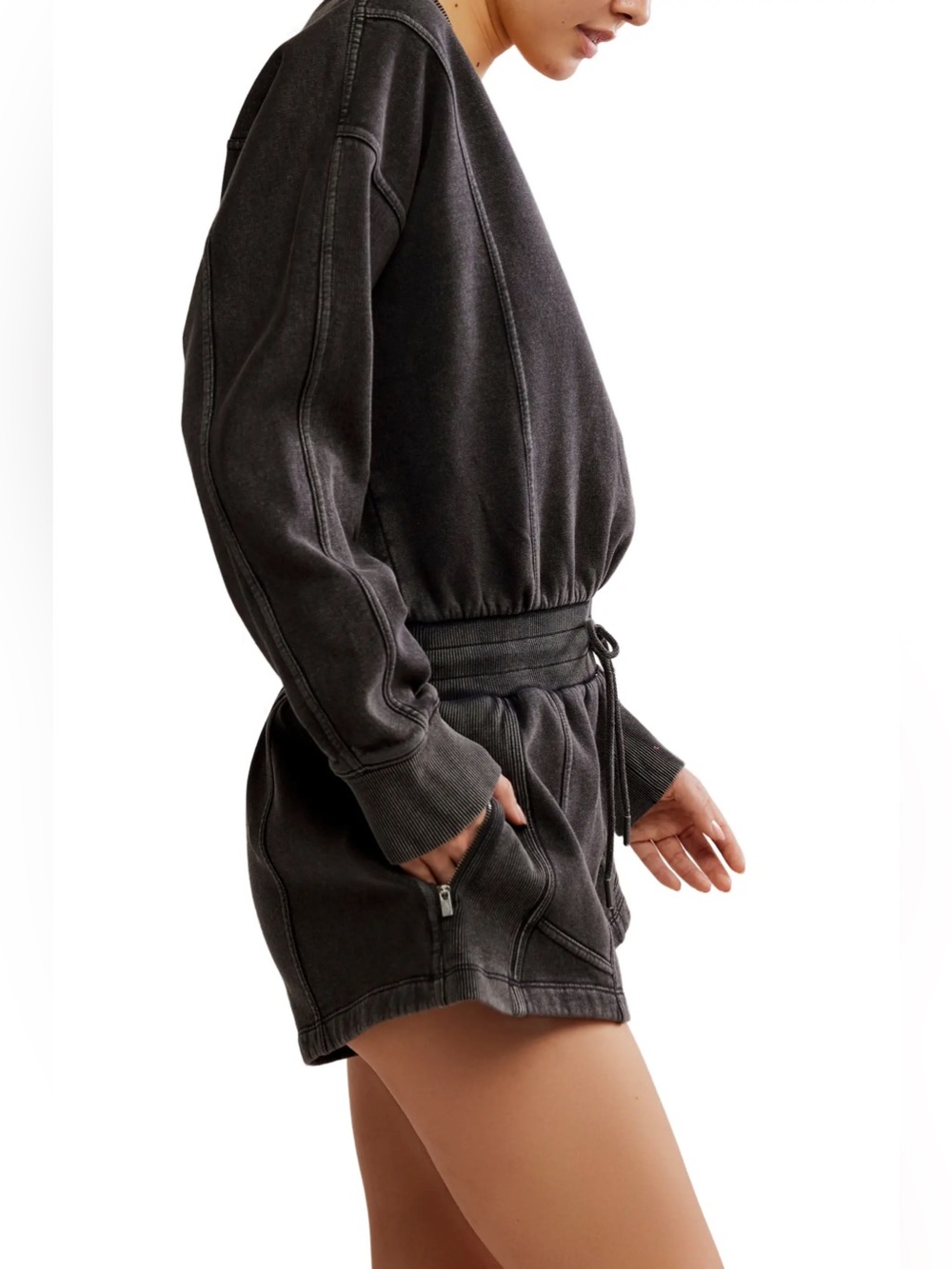 Free People Movement Washed Charcoal V-Neck Long sleeve Romper Drawstring Waist